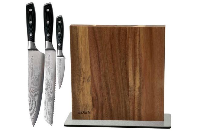 Afbeelding voor Eden Classic Damast 3-delige messenset met messenblok acacia