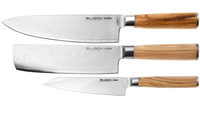 Afbeelding voor Eden Sugoi Olive 3-delige messenset koksmes, nakiri en universeelmes