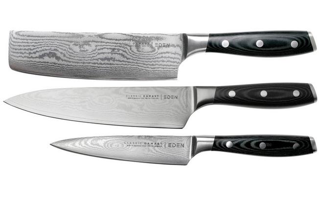 Afbeelding voor Eden Classic Damast 3-delige messenset met koksmes, nakiri en universeelmes 