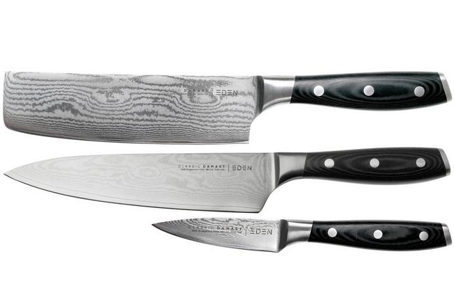 Afbeelding voor Eden Classic Damast 3-delige messenset met koksmes, nakiri en officemes 