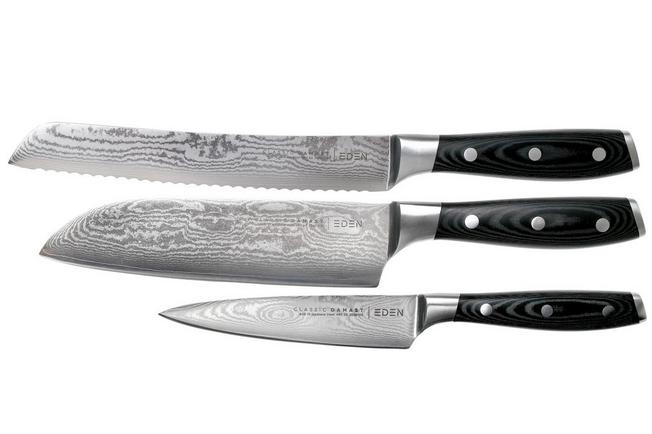 Afbeelding voor Eden Classic Damast 3-delige messenset met santoku, broodmes en universeelmes 