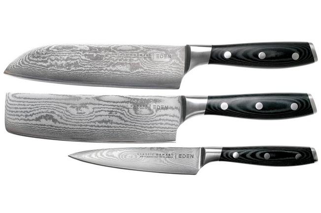 Afbeelding voor Eden Classic Damast 3-delige messenset met santoku, nakiri en universeelmes 