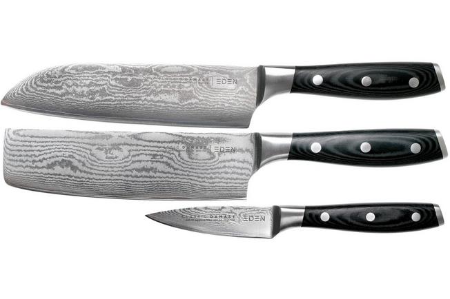 Afbeelding voor Eden Classic Damast 3-delige messenset met santoku, nakiri en officemes 
