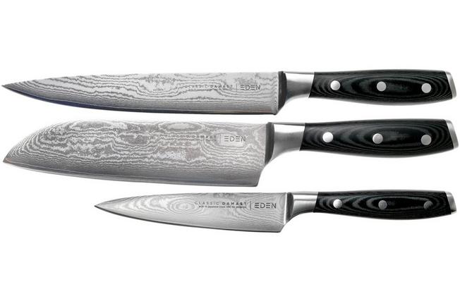Afbeelding voor Eden Classic Damast 3-delige messenset met santoku, vleesmes en universeelmes 