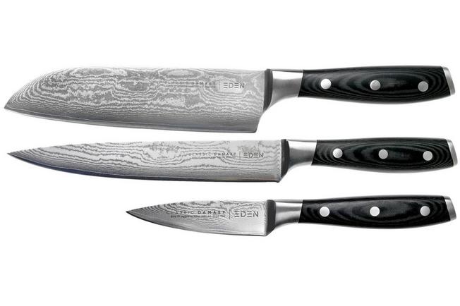 Afbeelding voor Eden Classic Damast 3-delige messenset met santoku, vleesmes en officemes 