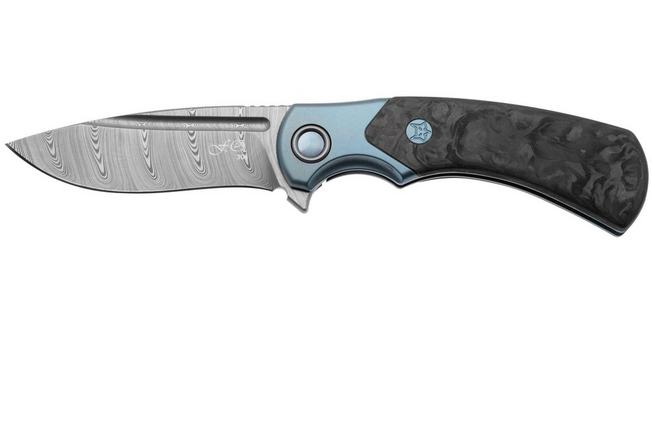 Imagen para Fox 40 Years Anniversary Knife FX-F2017-D Damasteel DS93X Gysinge Pattern, Marble Carbon Fiber, Blue Oxidized Titanium, navaja