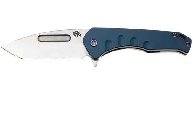 Afbeelding voor Medford Swift FL Flipper 25-SFF-02, Tumbled S45VN Tanto, Blue Aluminum Handle, Flamed Hardware zakmes