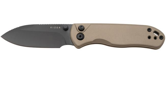 Image for Kizer Vanguard Drop Bear 2, V3619-2CD1 Black DLC Nitro-V, Tan Aluminum, pocket knife, Azo design