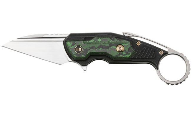 Afbeelding voor WE Knife Yardbird WE22021-4 Satin CPM 20CV, Black Titanium, Jungle Wear Fatcarbon Fiber Inlay, karambit zakmes, Maciej Torbé design