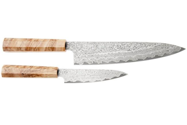 Bild für Yaxell Sazanami 37092, 95th Anniversary Limited Edition, SG2 Damascus, Octagonal Curly Maple, 2-teiliges Messerset