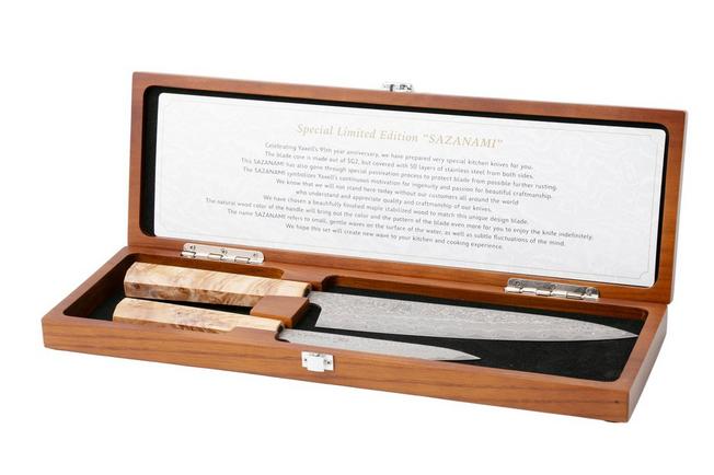 Bild für Yaxell Sazanami 37092, 95th Anniversary Limited Edition, SG2 Damascus, Octagonal Curly Maple, 2-teiliges Messerset