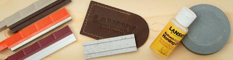 Lansky Honing Oil onderhoudsolie, ronde slijpsteen en diamantslijpstenen met verschillende korrelgroottes, inclusief een leren tasje van Lansky.