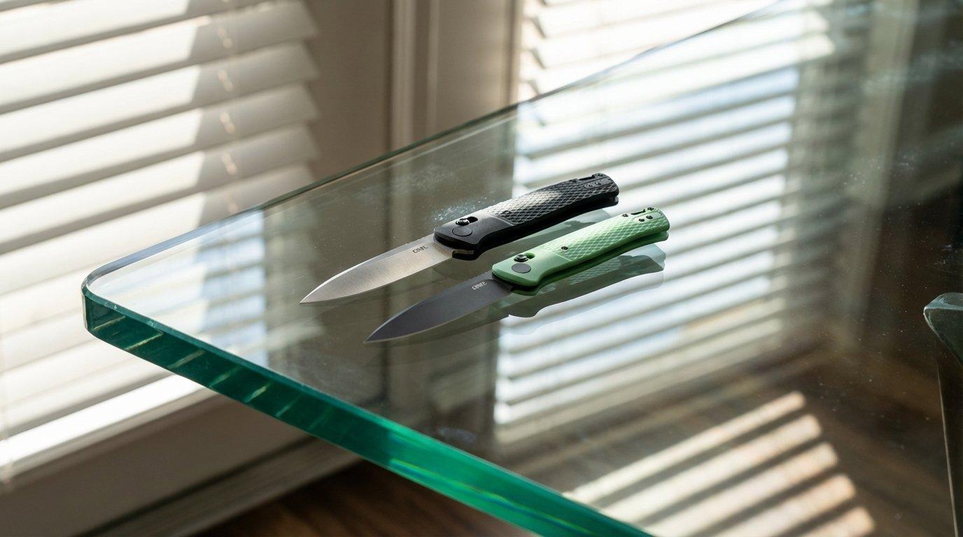 Deux couteaux de poche CRKT Counterpart sur une table en verre