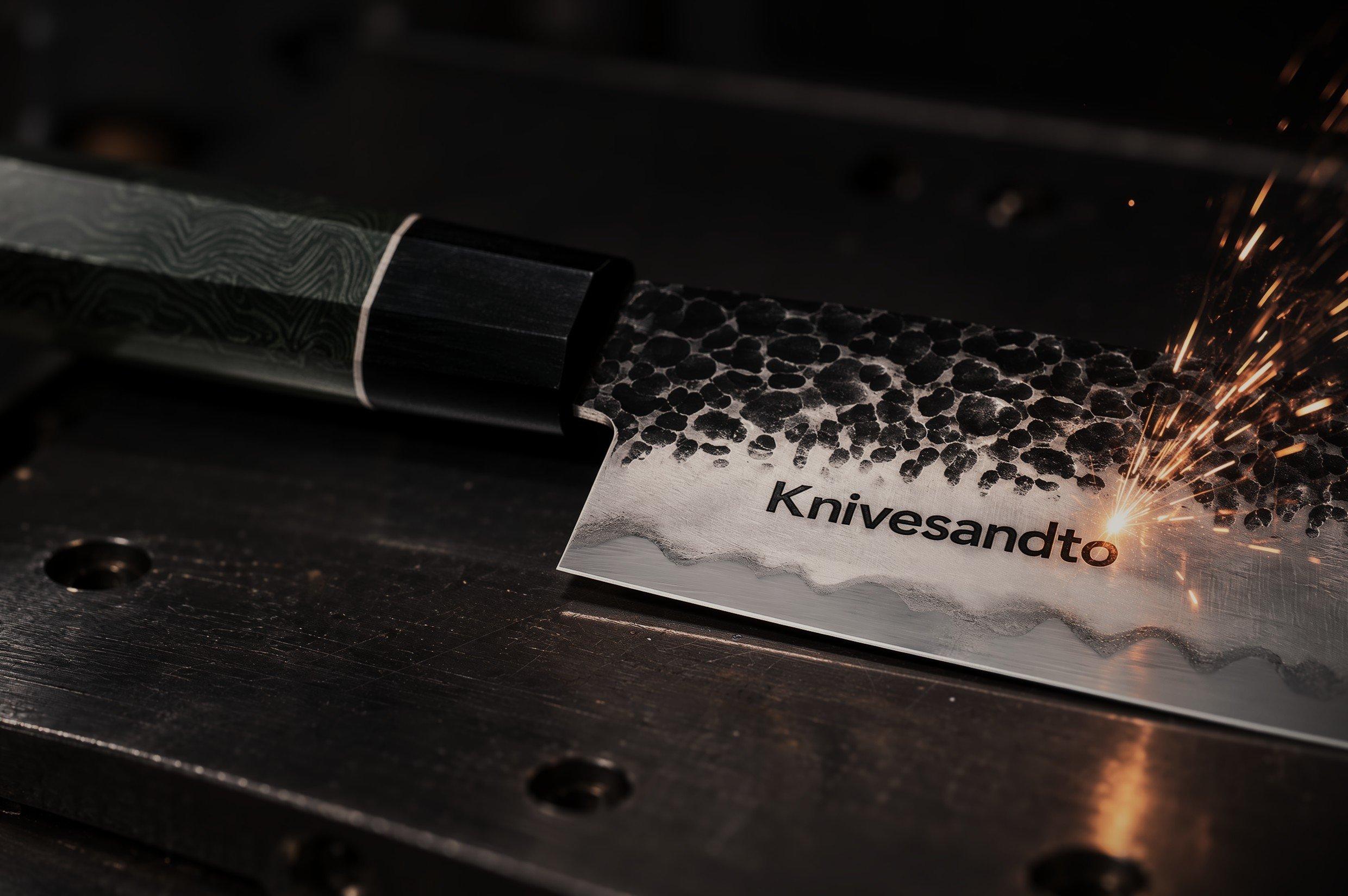 Laser graveert een tekst in het lemmet van een Japans koksmes met hamerslagafwerking