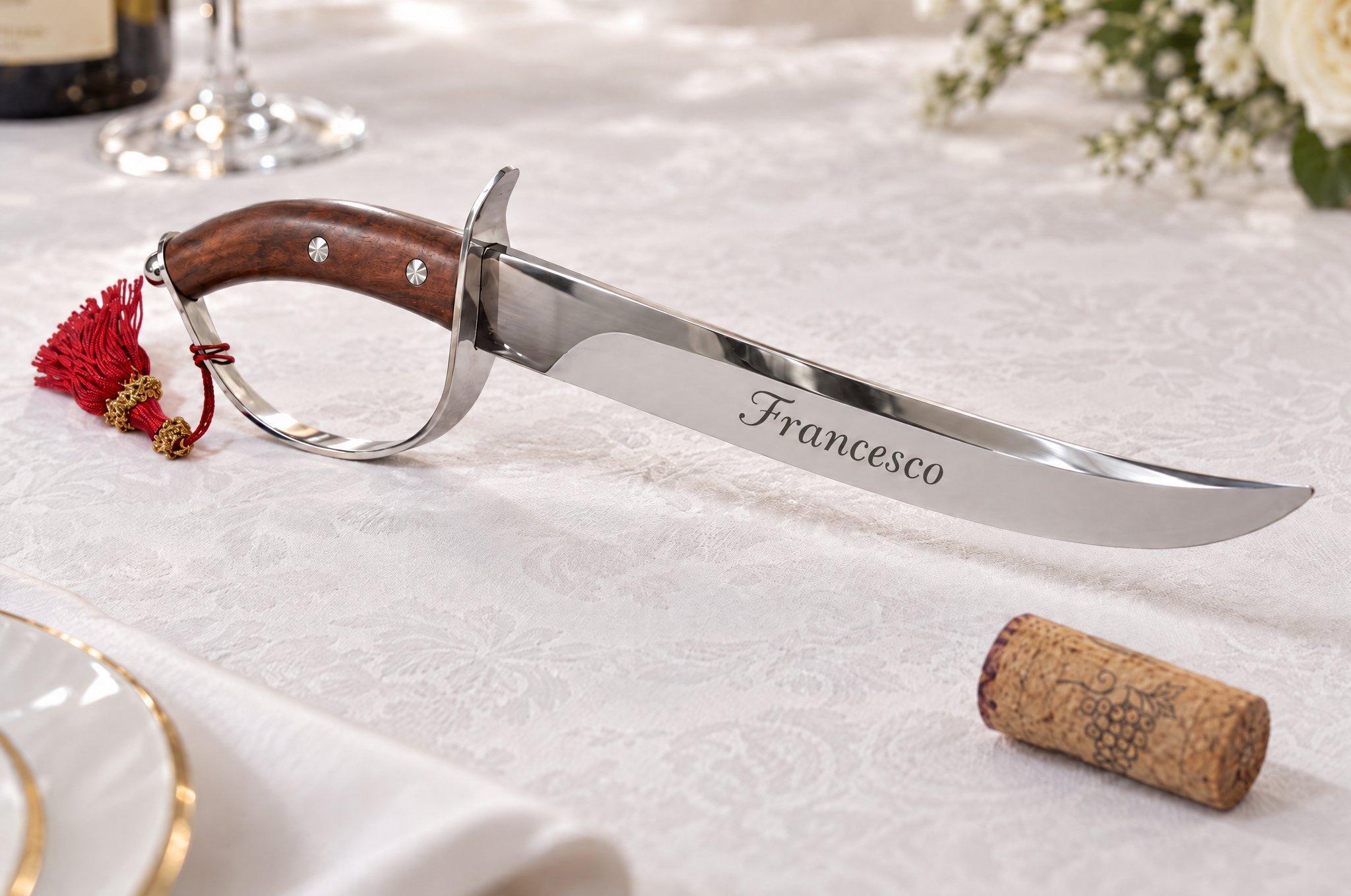 Champagnesabel met houten handvat, rode kwast en de gegraveerde naam “Francesco”, op een gedekte tafel