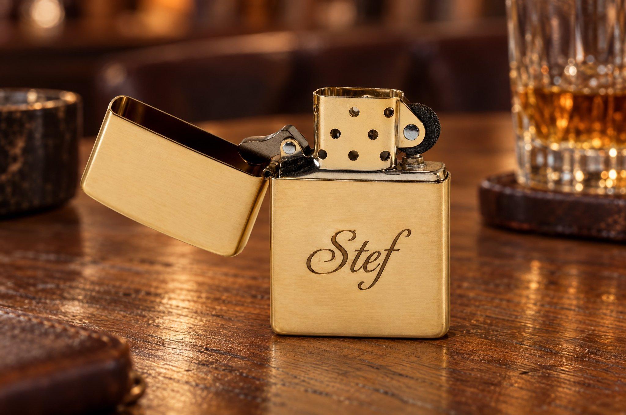 Messing Zippo-aansteker met de gegraveerde naam “Stef”, op een houten bar naast een whiskyglas
