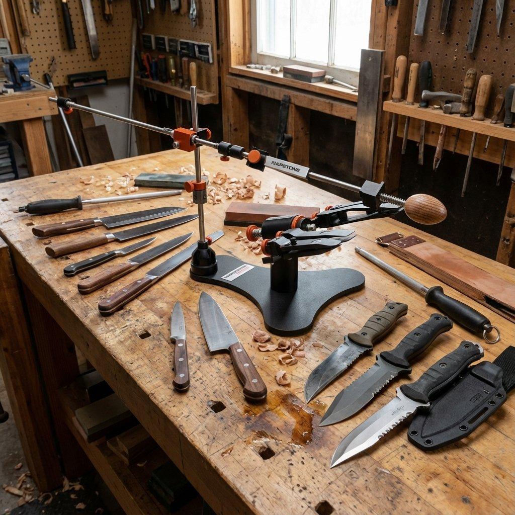 Sistema de afilado Hapstone en una mesa de trabajo rodeado de cuchillos