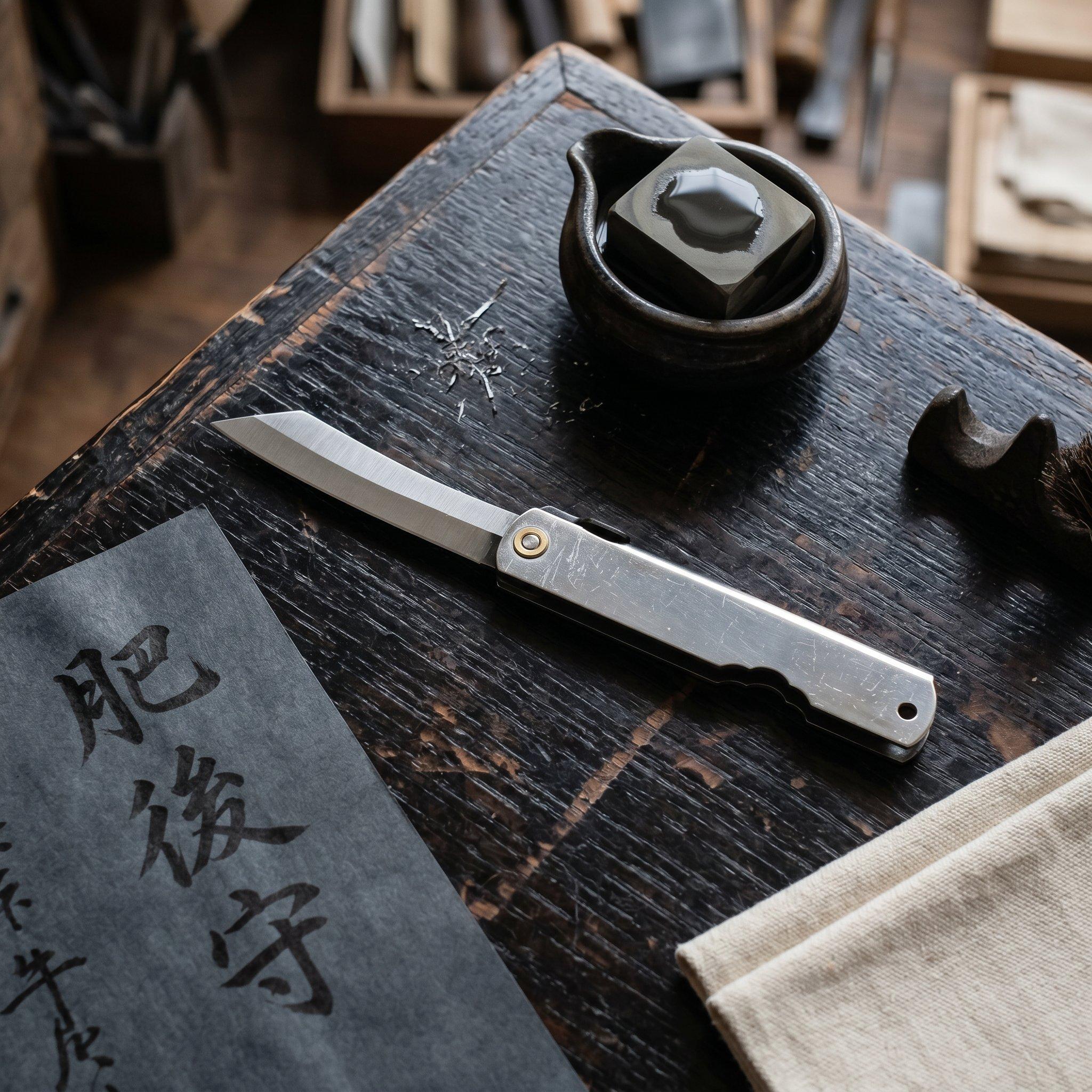 Een Higonokami zakmes op een houten tafel in ene Japanse setting