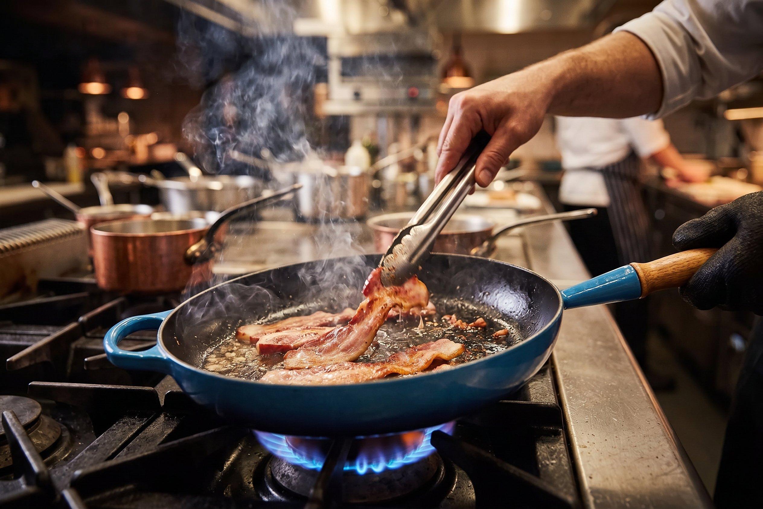 Iemand die bacon bakt in een Le Creuset gietijzeren blauwen koekenpan in een keuken