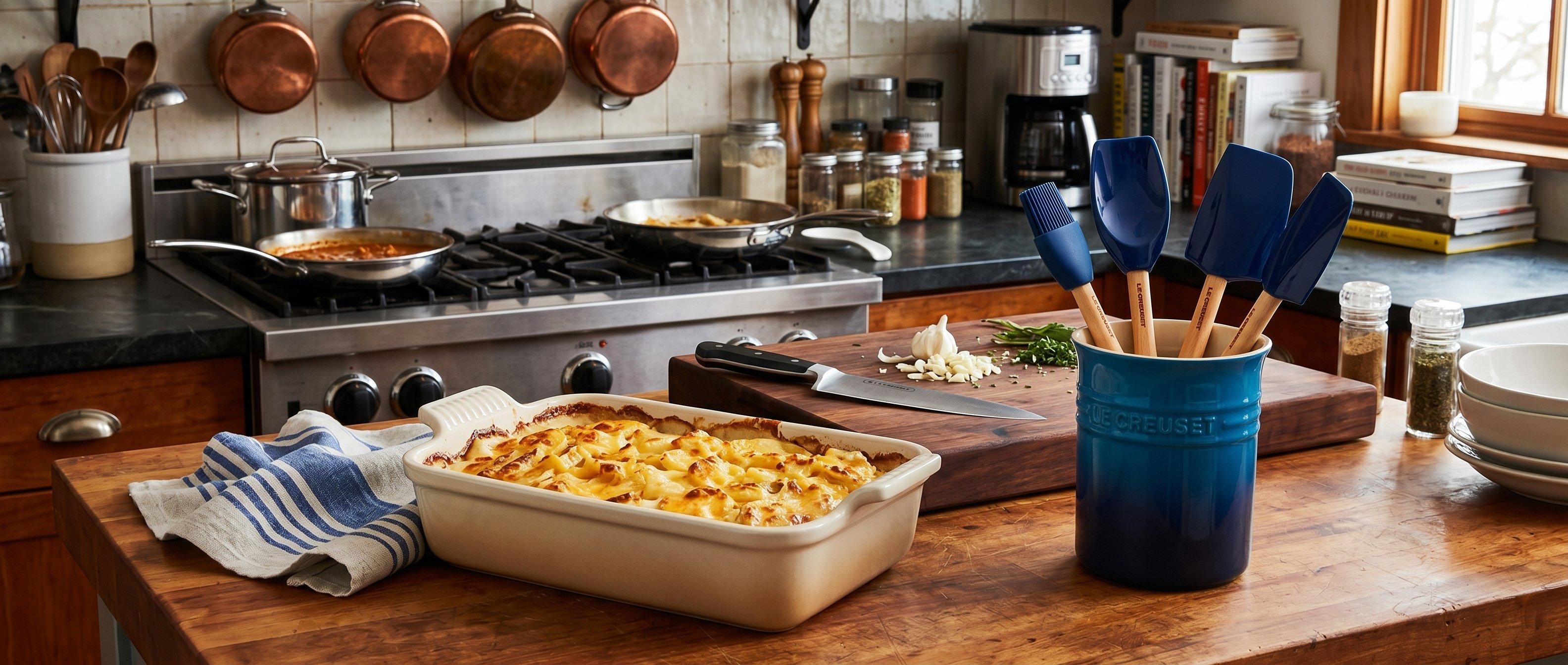 Een Le Creuset Les Céramiques ovenschaal en spatelpot op een aanrecht
