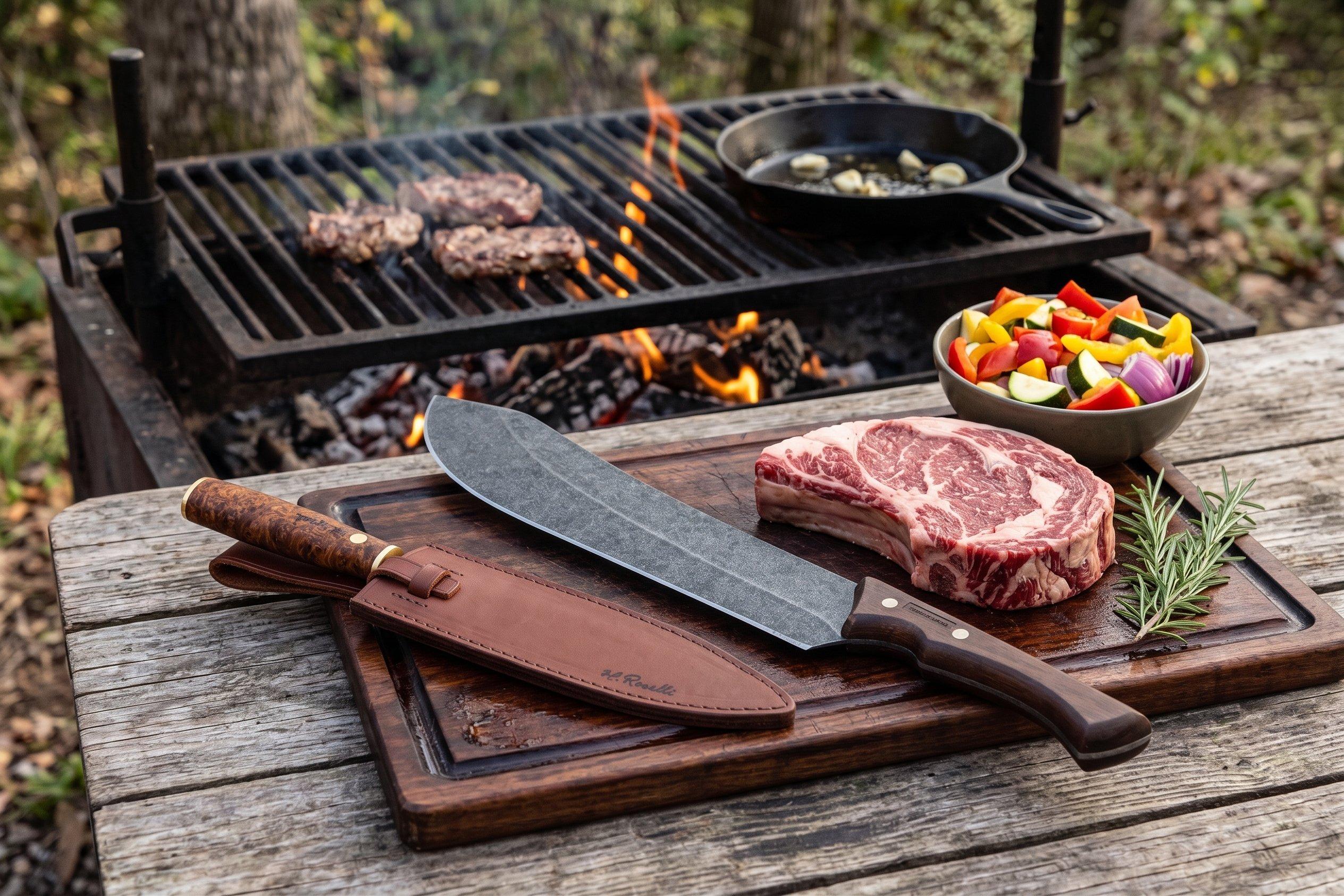 Ein Tramontina Churrasco Black liegt neben einem weiteren Outdoor-Küchenmesser von Tramontina, das in einer Lederscheide steckt, liegt mit einem rohen Steak und einer Schale mit geschnittenem Gemüse auf einem Holzschneidebrett. 