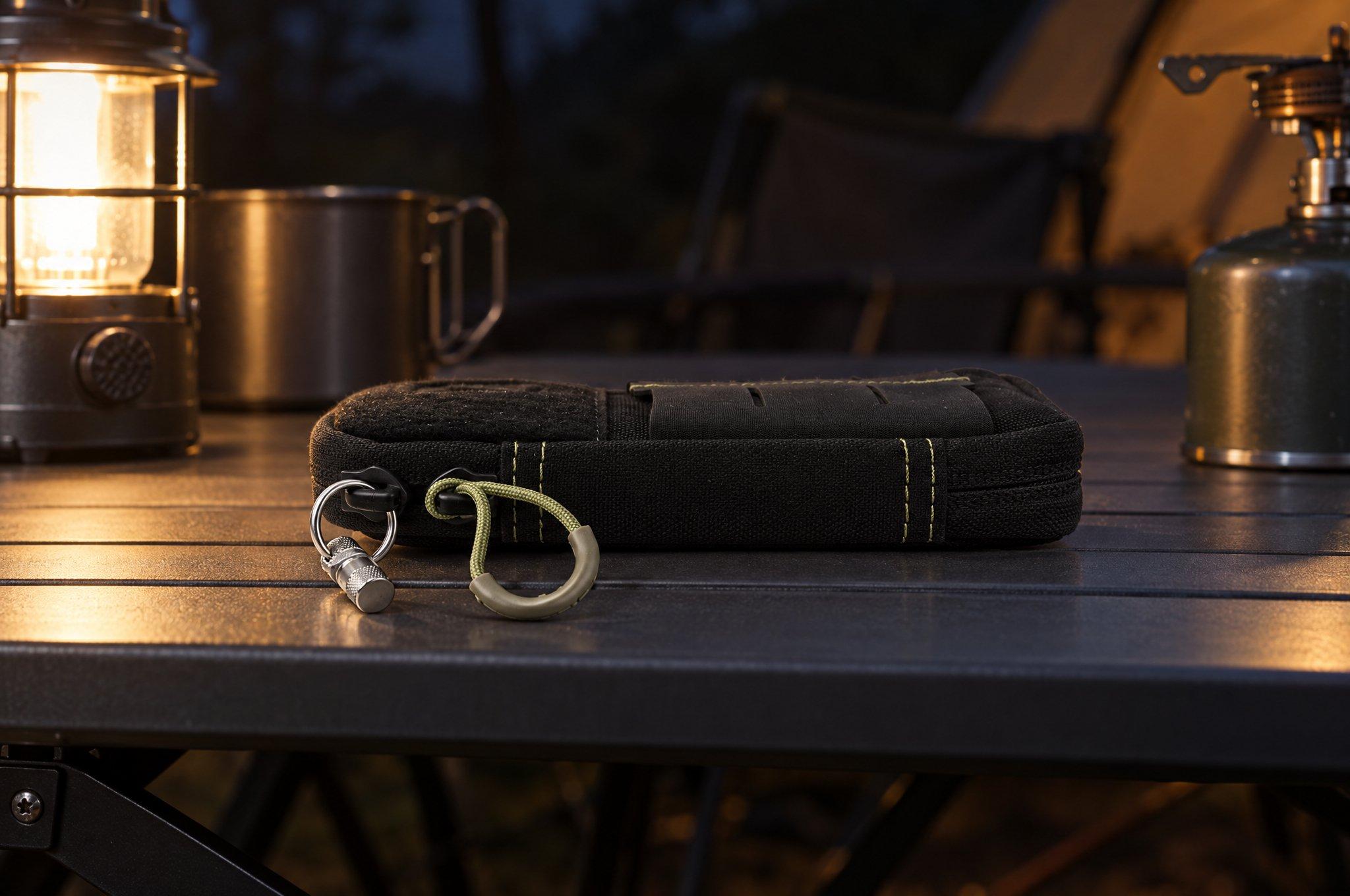Knivesandtools Outdoor Tritium Marker attached to a utility pouch on a camping table at dusk