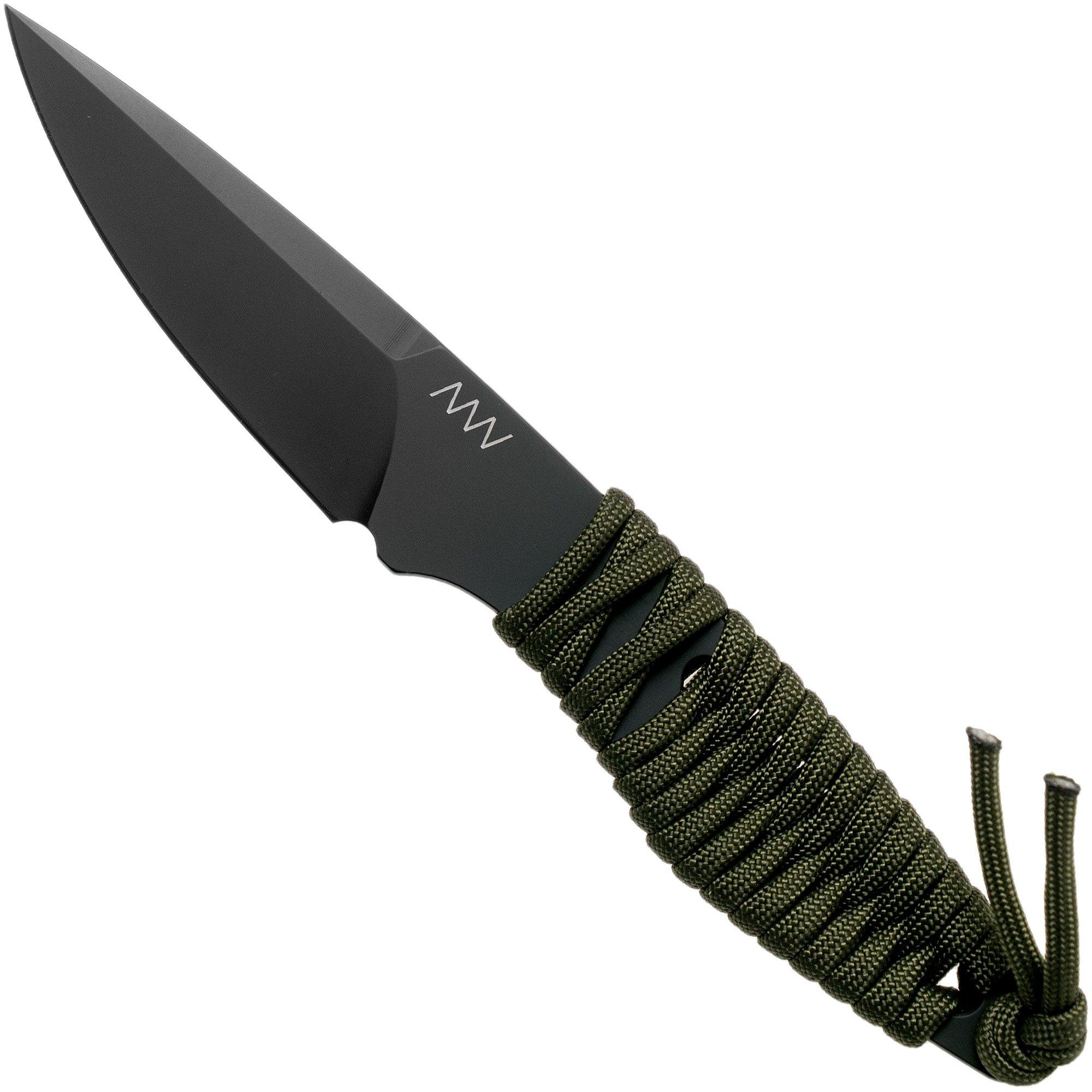 ANV P100 DLC N690, OD Green Paracord P100-017, Black Kydex Sheath, Halsmesser