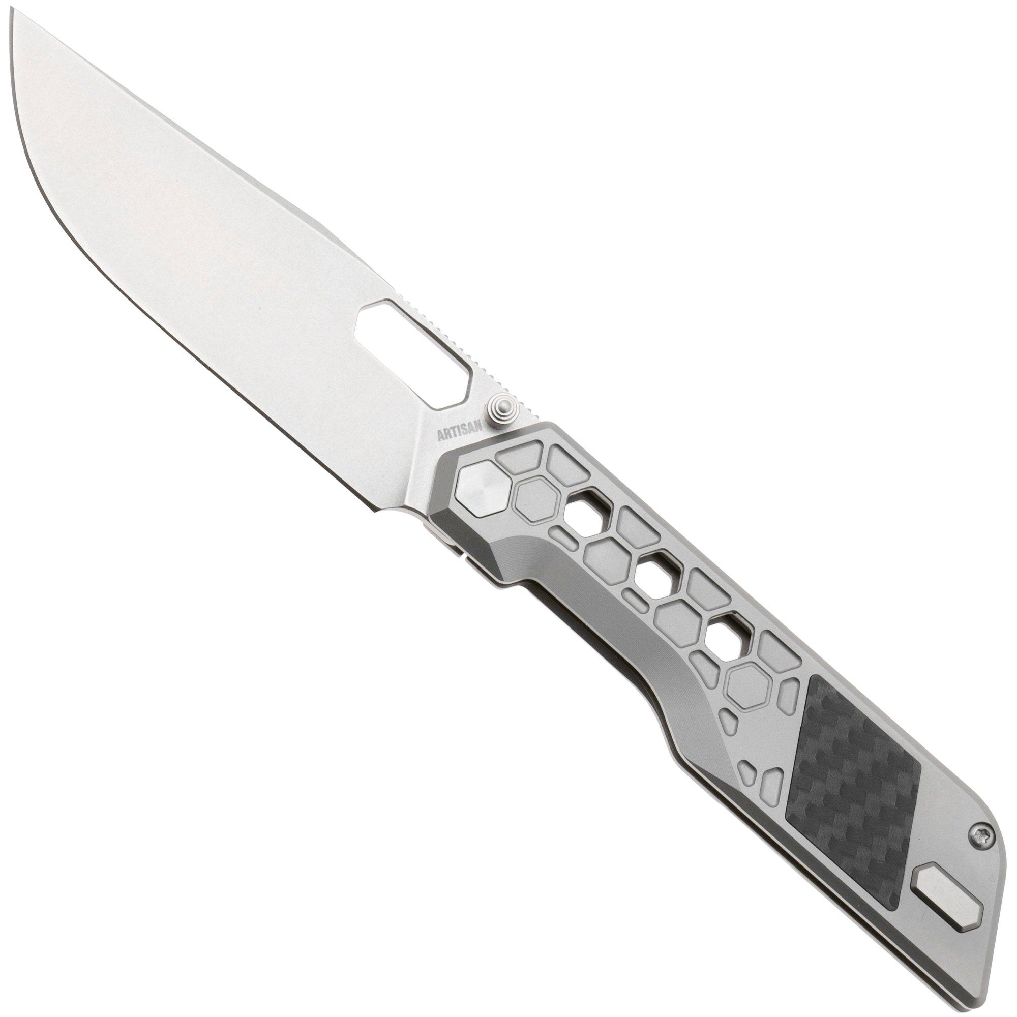 Artisan Cutlery Beest 1878G-GY, Stonewashed CPM S35VN, Grey Titanium, Black Carbon Fiber Inlay pocket knife