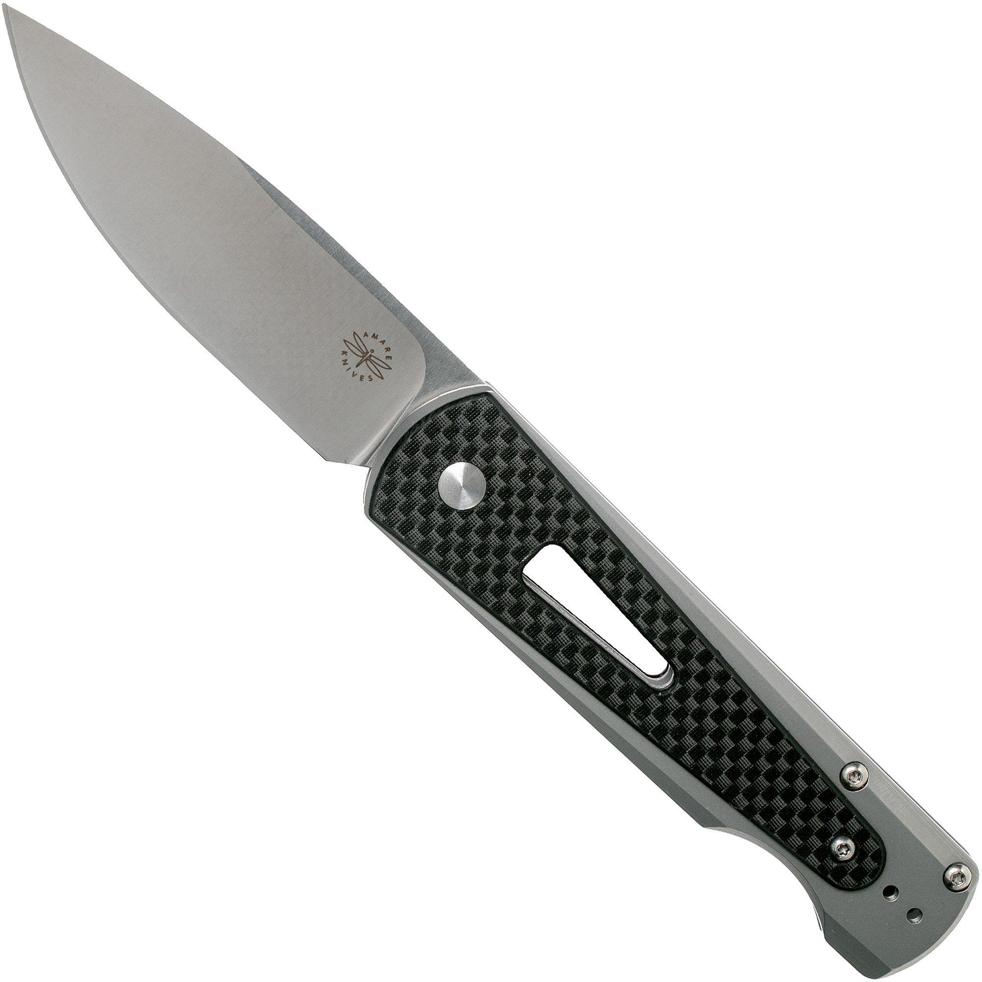 Nóż składany Amare Knives Paragon, satynowe wykończenie, włókno węglowe