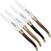 Laguiole en Aubrac 42C99BDLBHK, Brass, juego de cuchillos de carne de 4 piezas, tipos de madera mixtos