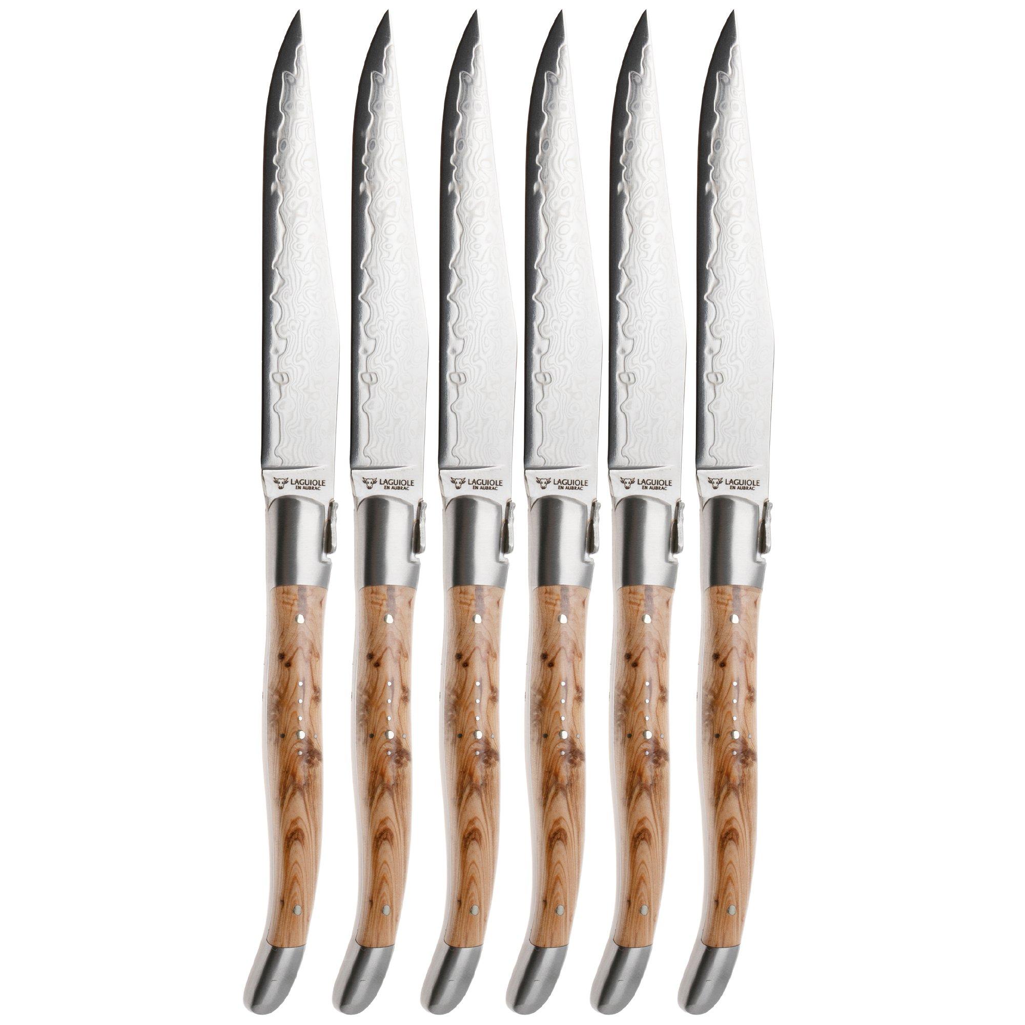 Laguiole en Aubrac 62C12-GE Damascus RVS, Thuya wood, 6-delige steakmesset 