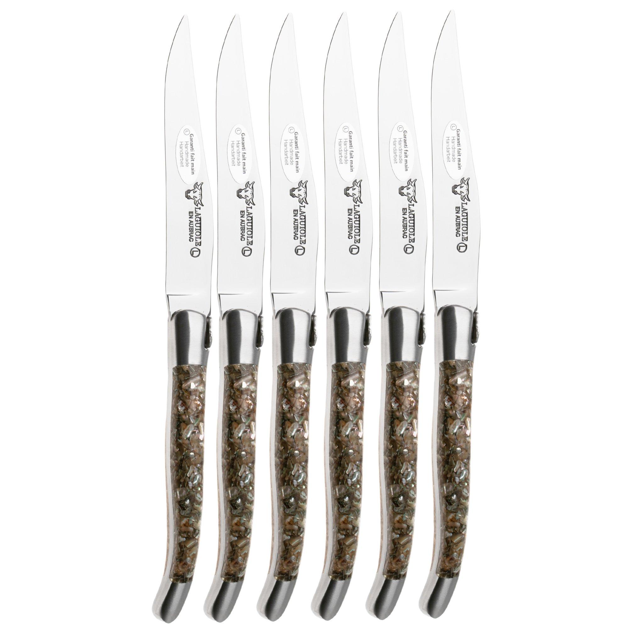 Laguiole en Aubrac Abalone Shell, Brushed Stainless Steel, 6-piece steak knife set