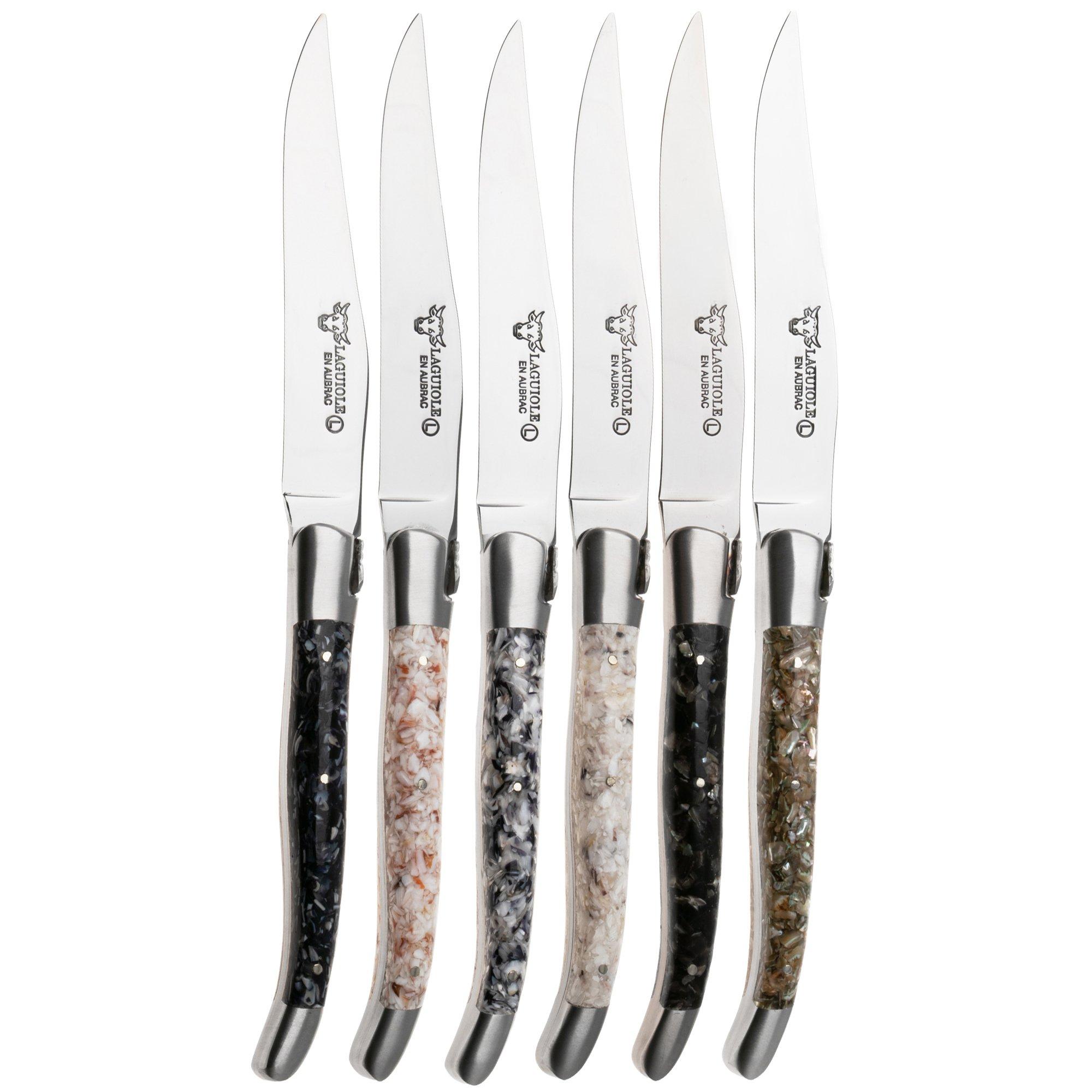 Laguiole en Aubrac Mixed Shells, Brushed Stainless Steel, 6-piece steak knife set