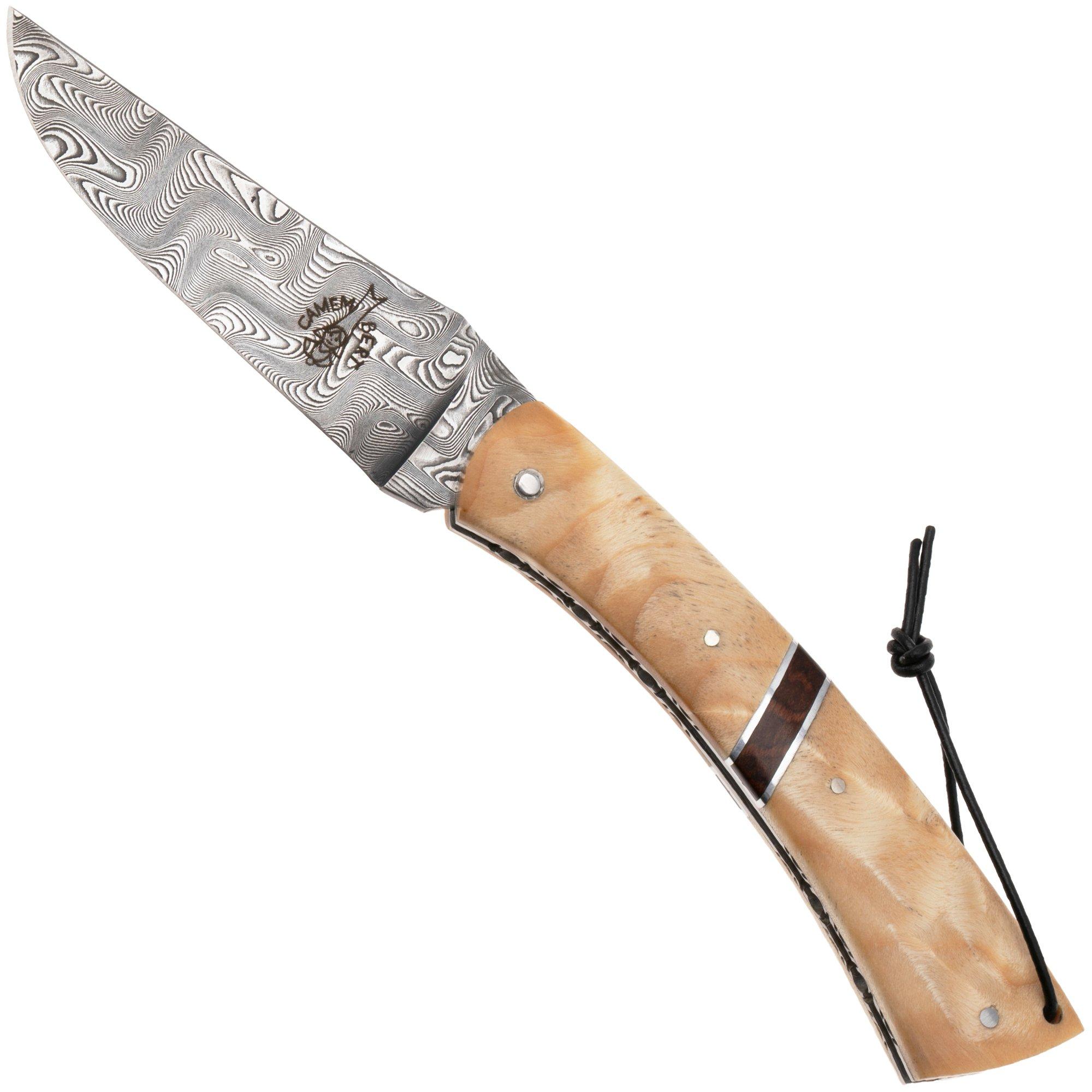 Laguiole en Aubrac Camembert Knife Poplar Wood, Amourrete Inlay, Balbach Damascus, handgefeiltes, Taschenmesser, 11 cm