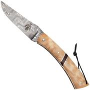 Laguiole en Aubrac Camembert Knife Poplar Wood, Amourrete Inlay, Balbach Damascus, navaja, 11 cm, pulida a mano