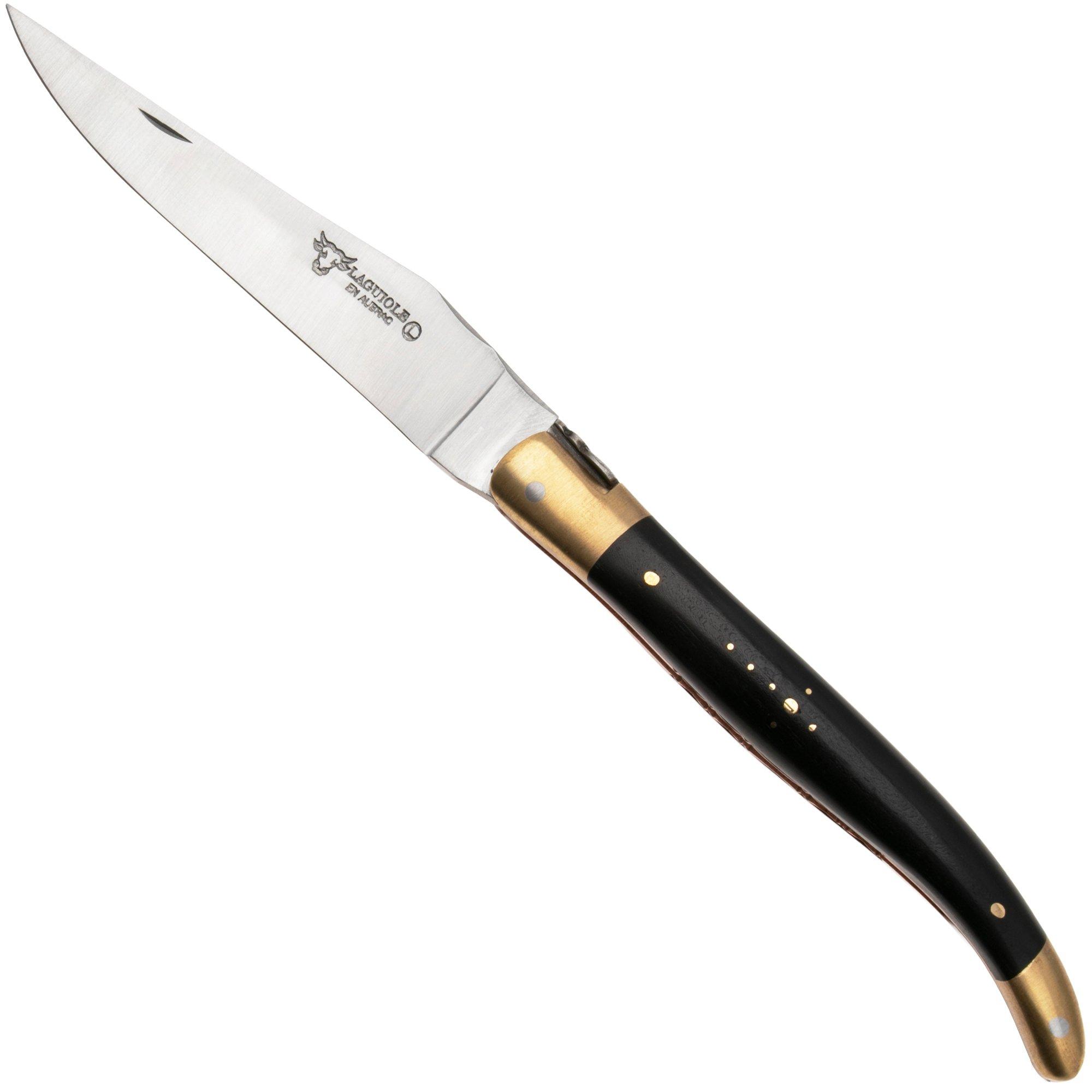 Laguiole en Aubrac Le Bijou L0212LCHB/EBBJ Ebony, Handcarved Copper Plates, Matt Brass Bolsters, pocket knife, 12 cm