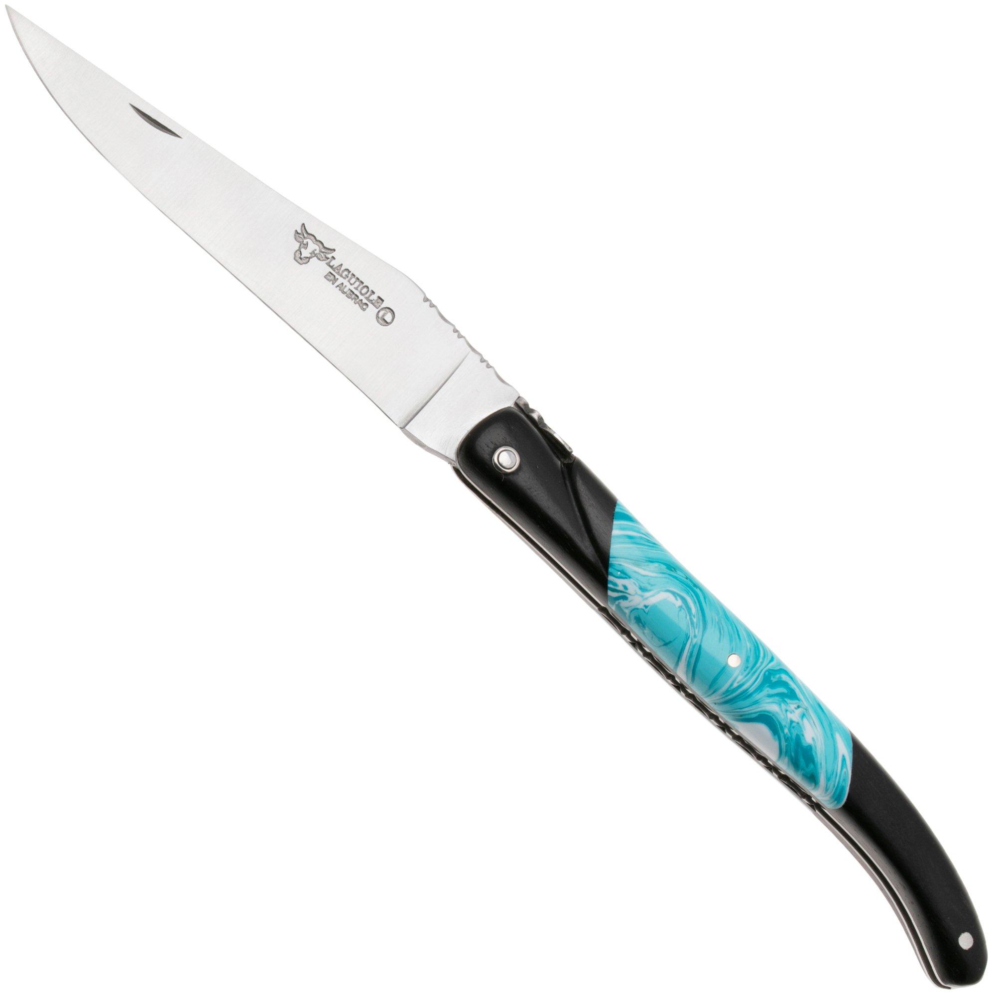 Laguiole en Aubrac Ebony, Larimar Inlay, Handcarved Plates, navaja, 12 cm