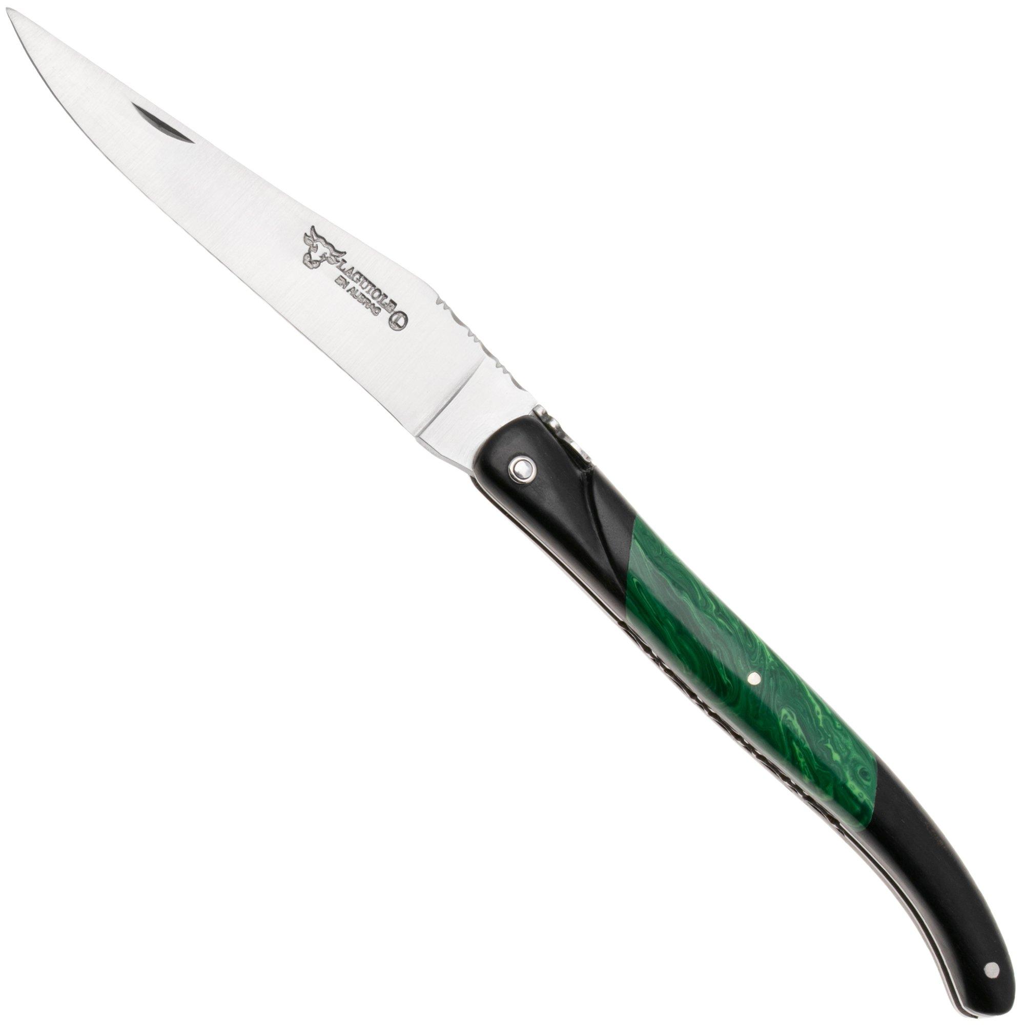 Laguiole en Aubrac Ebony, Malachite Inlay, Handcarved Plates, zakmes, 12 cm