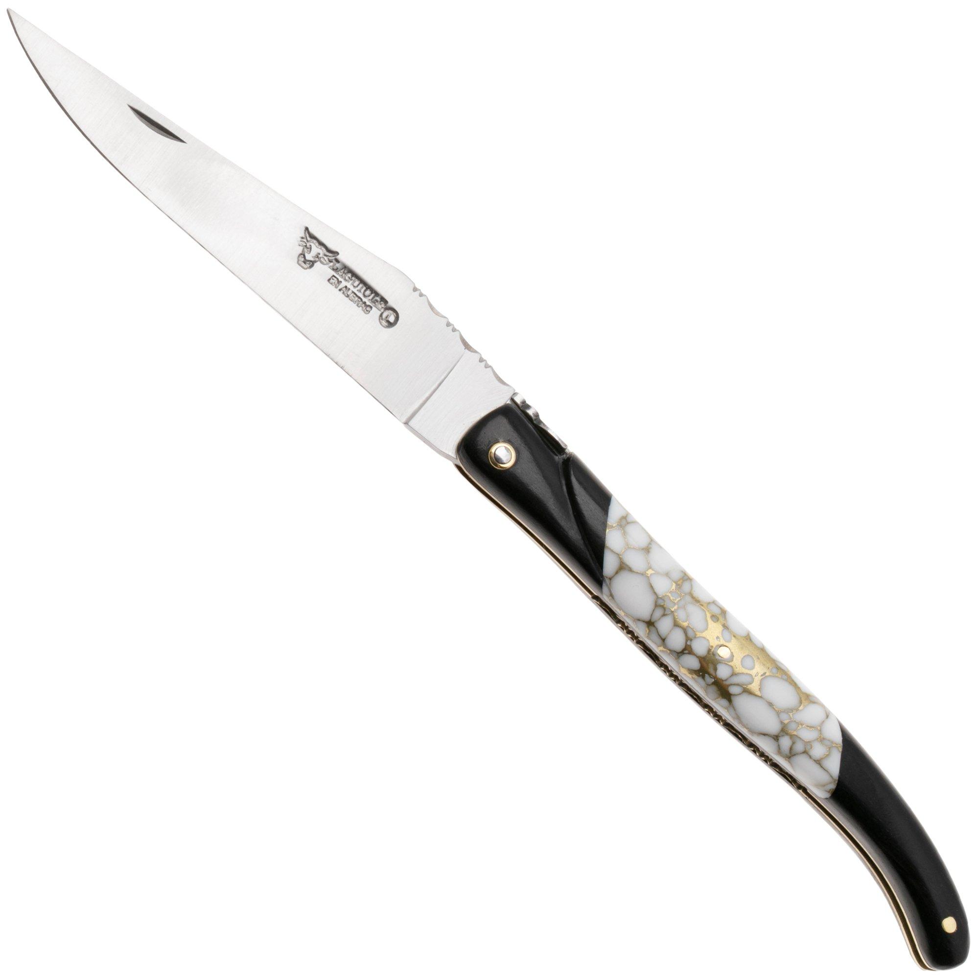 Laguiole en Aubrac Ebony, Howlite Gold Inlay, Handcarved Brass Plates, pocket knife, 12 cm