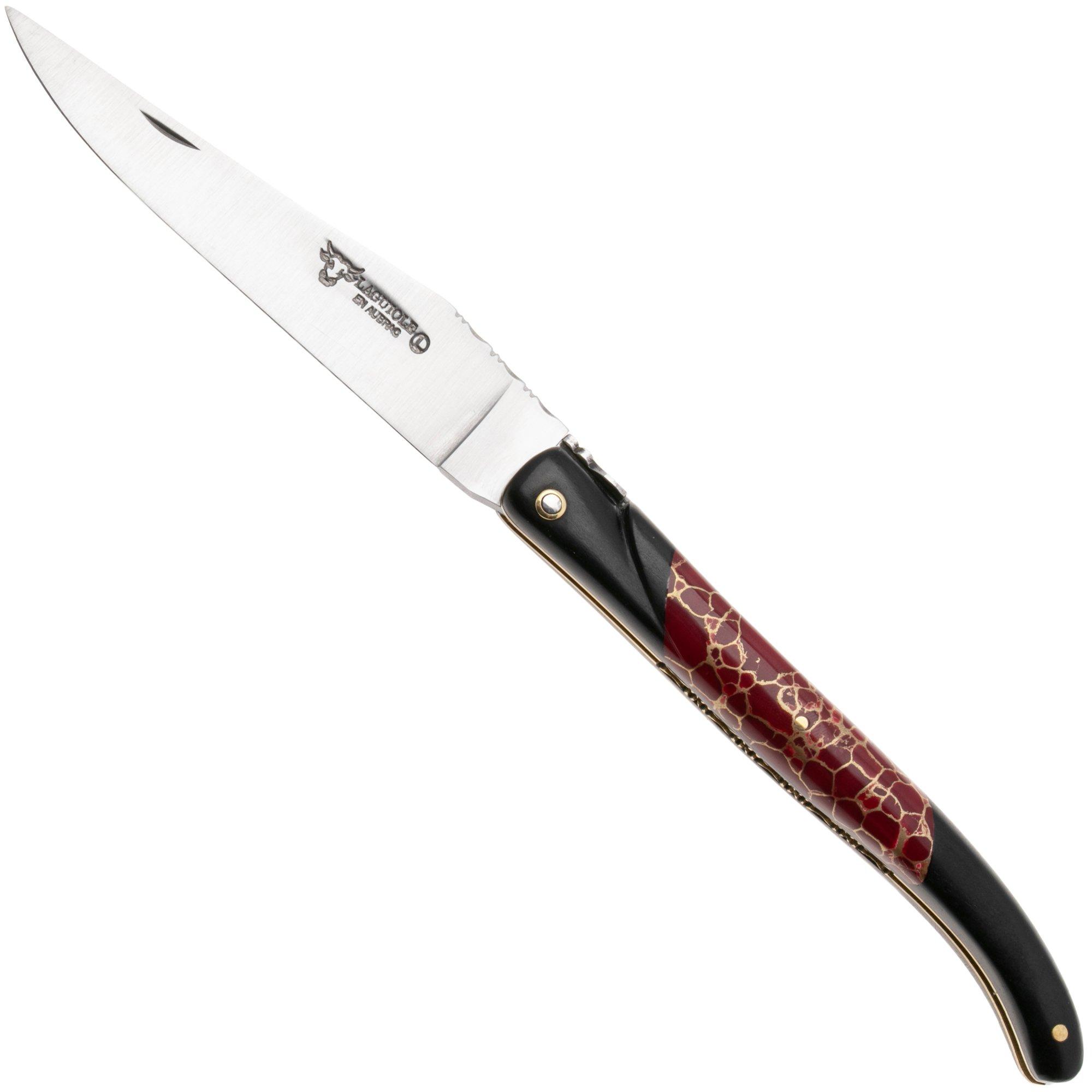 Laguiole en Aubrac Ebony, Jasper Gold Inlay, Handcarved Plates, zakmes, 12 cm