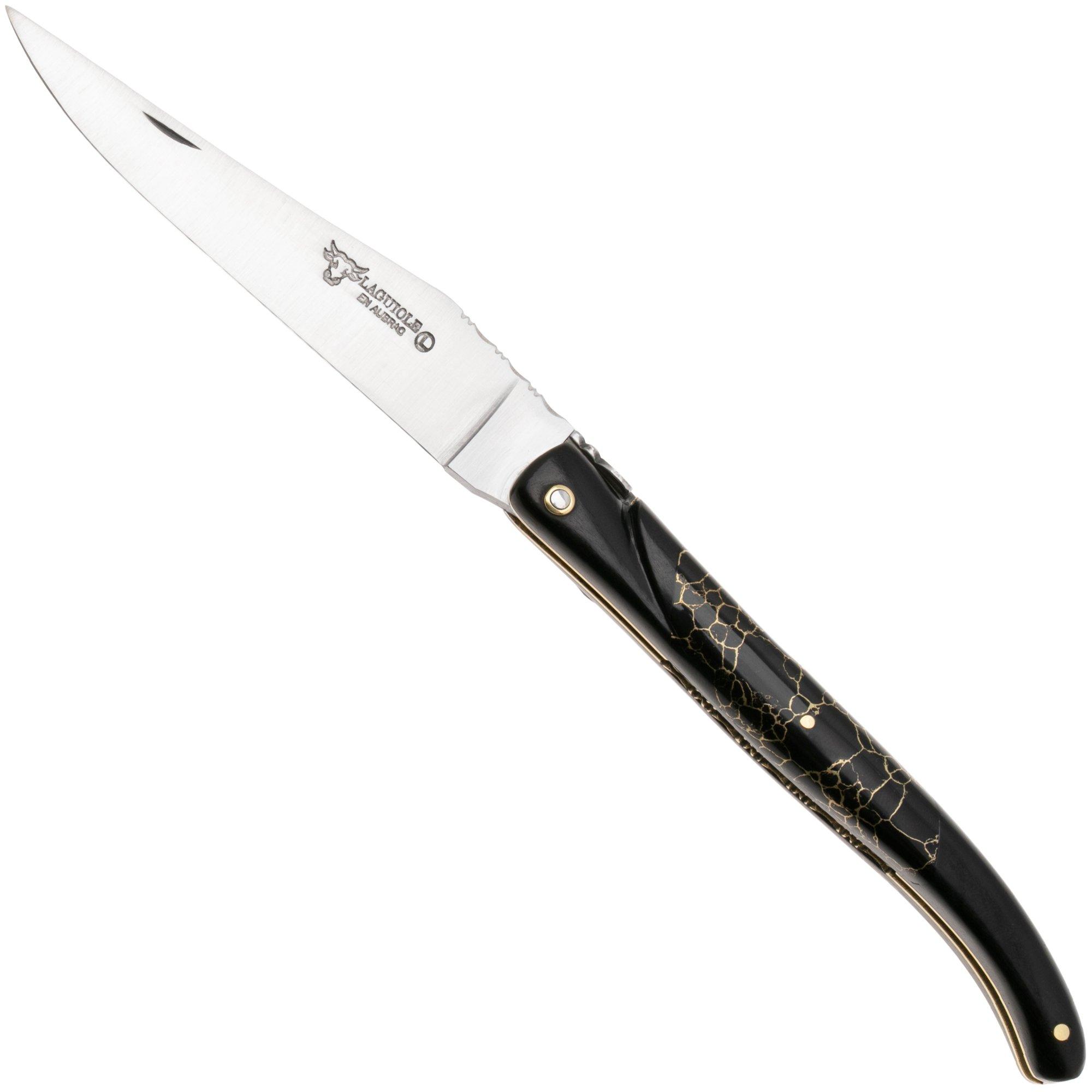 Laguiole en Aubrac Ebony, Onyx Gold Inlay, Handcarved Gold Brass Plates, pocket knife, 12 cm