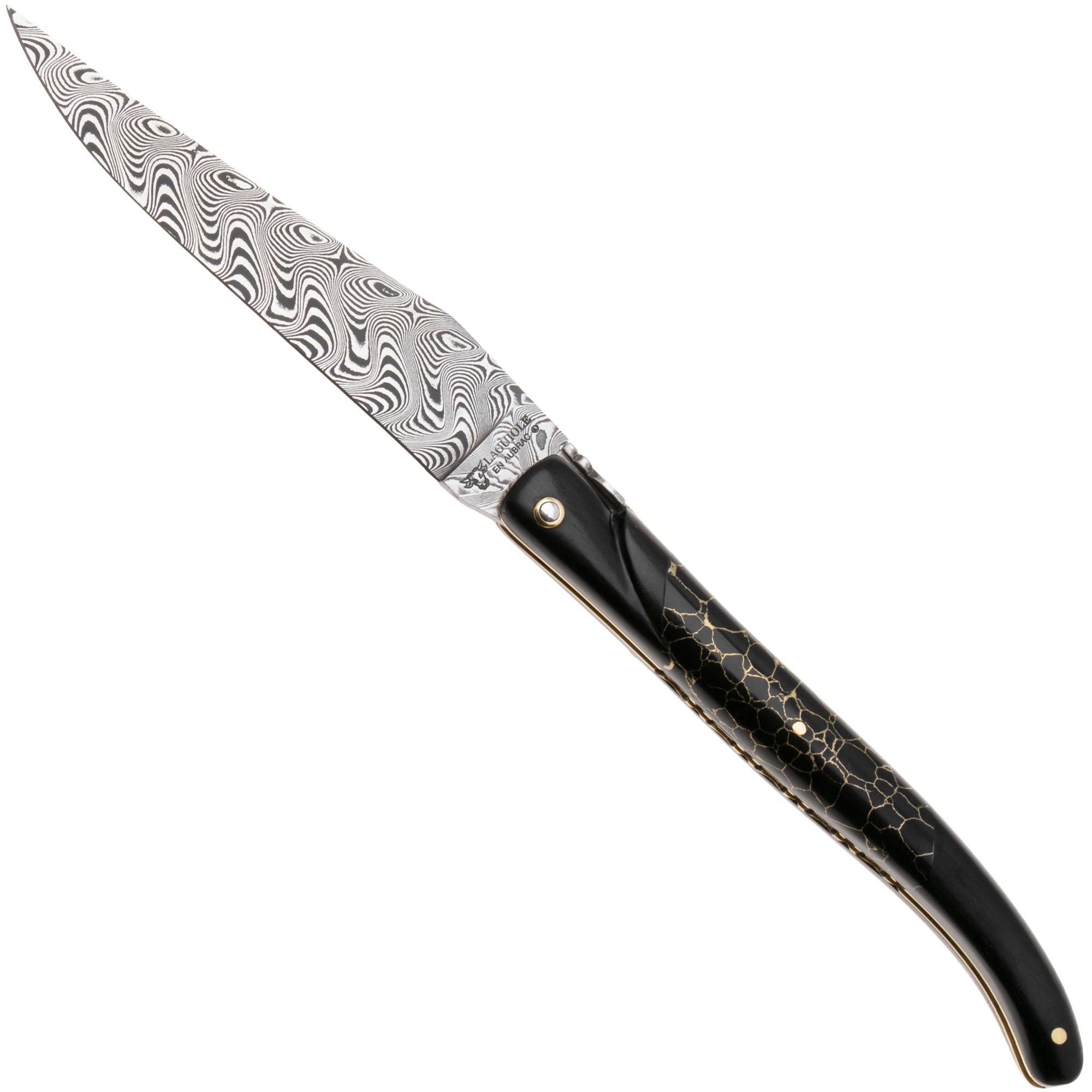 Laguiole en Aubrac Ebony, Onyx Gold Inlay, Handcarved Gold Brass Plates, Balbach Damascus, pocket knife, 12 cm