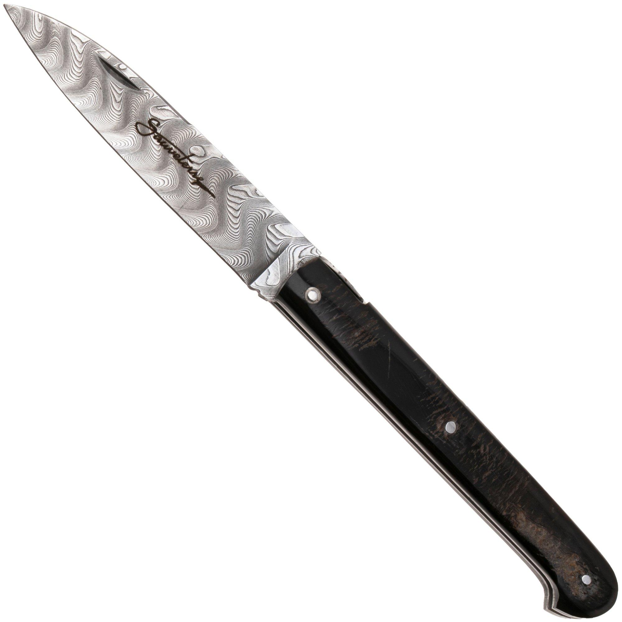 Laguiole en Aubrac Sauveterre Buffalo Crust, Handcarved Plates, Balbach Damascus, pocket knife, 11 cm
