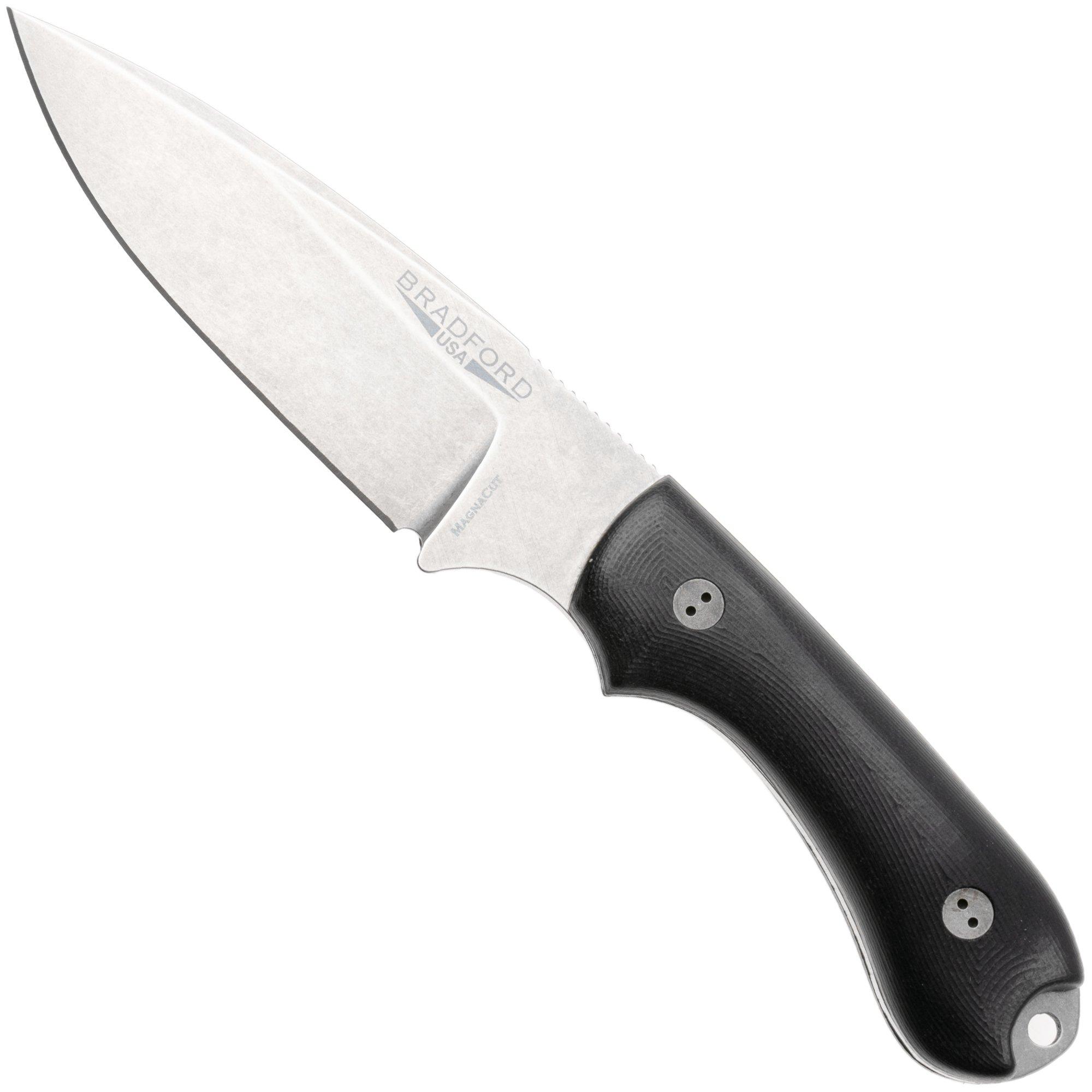 Bradford Knives Guardian 3.2 FE-101-MC MagnaCut False Edge Stonewashed, Black Micarta, fixed knife