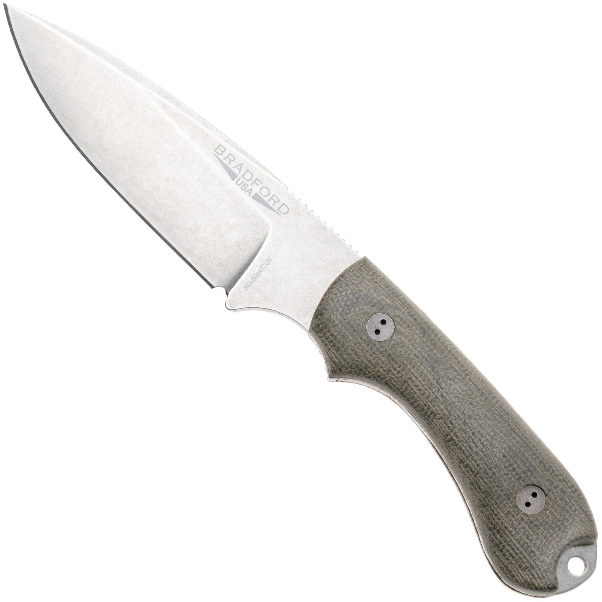 Bradford Knives Guardian 3.2 FE-102-MC MagnaCut False Edge Stonewashed, OD Green Micarta, fixed knife