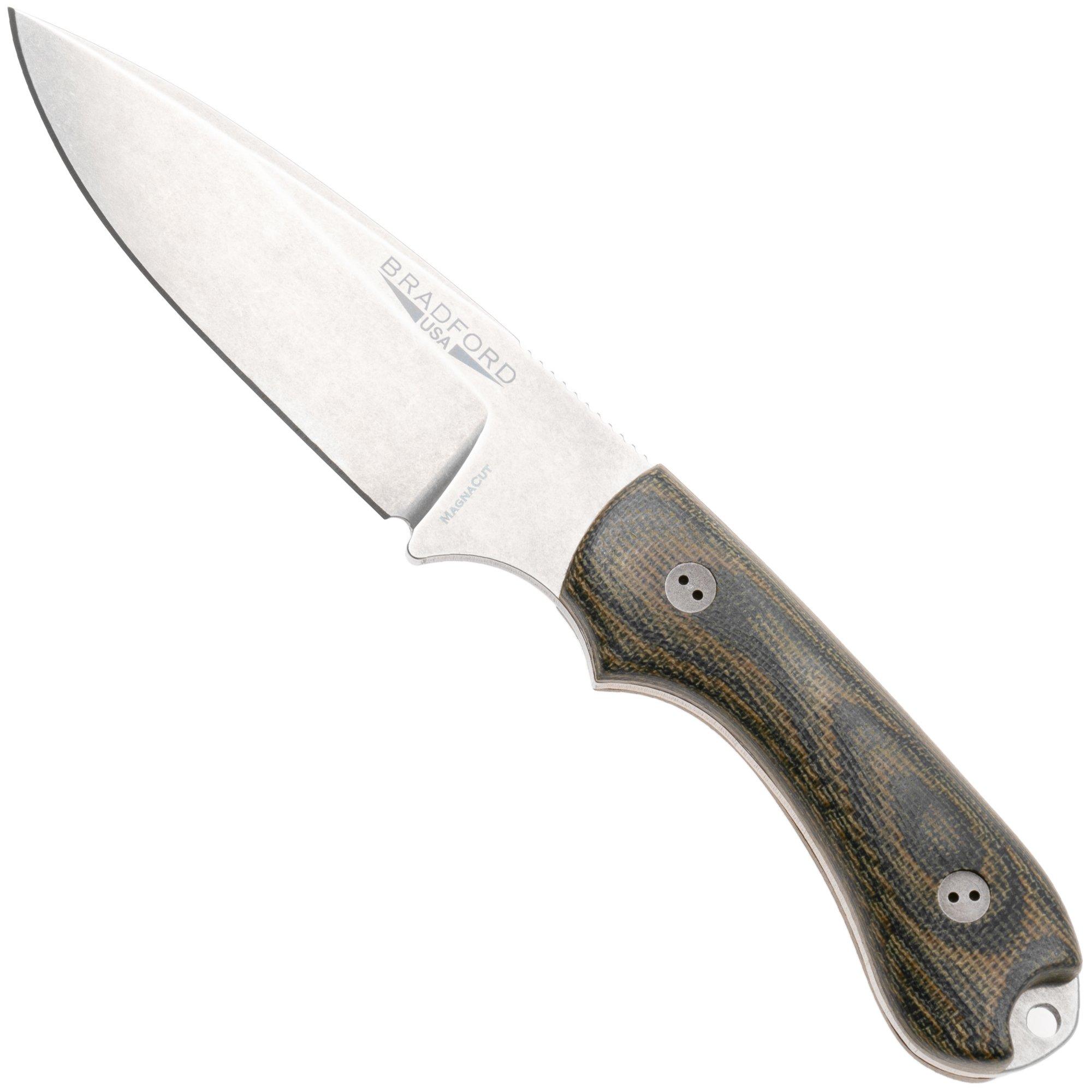 Bradford Knives Guardian 3.2 FE-109-MC MagnaCut False Edge Stonewashed, Camo Micarta, fixed knife