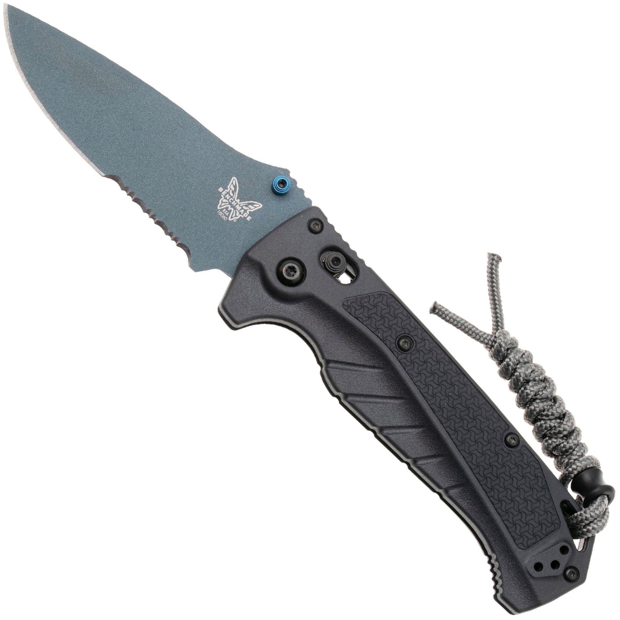 Benchmade Adira 18060SBT-01 Blue Titanium Cerakote CPM MagnaCut, Tempest Gray Grivory, Serrated zakmes