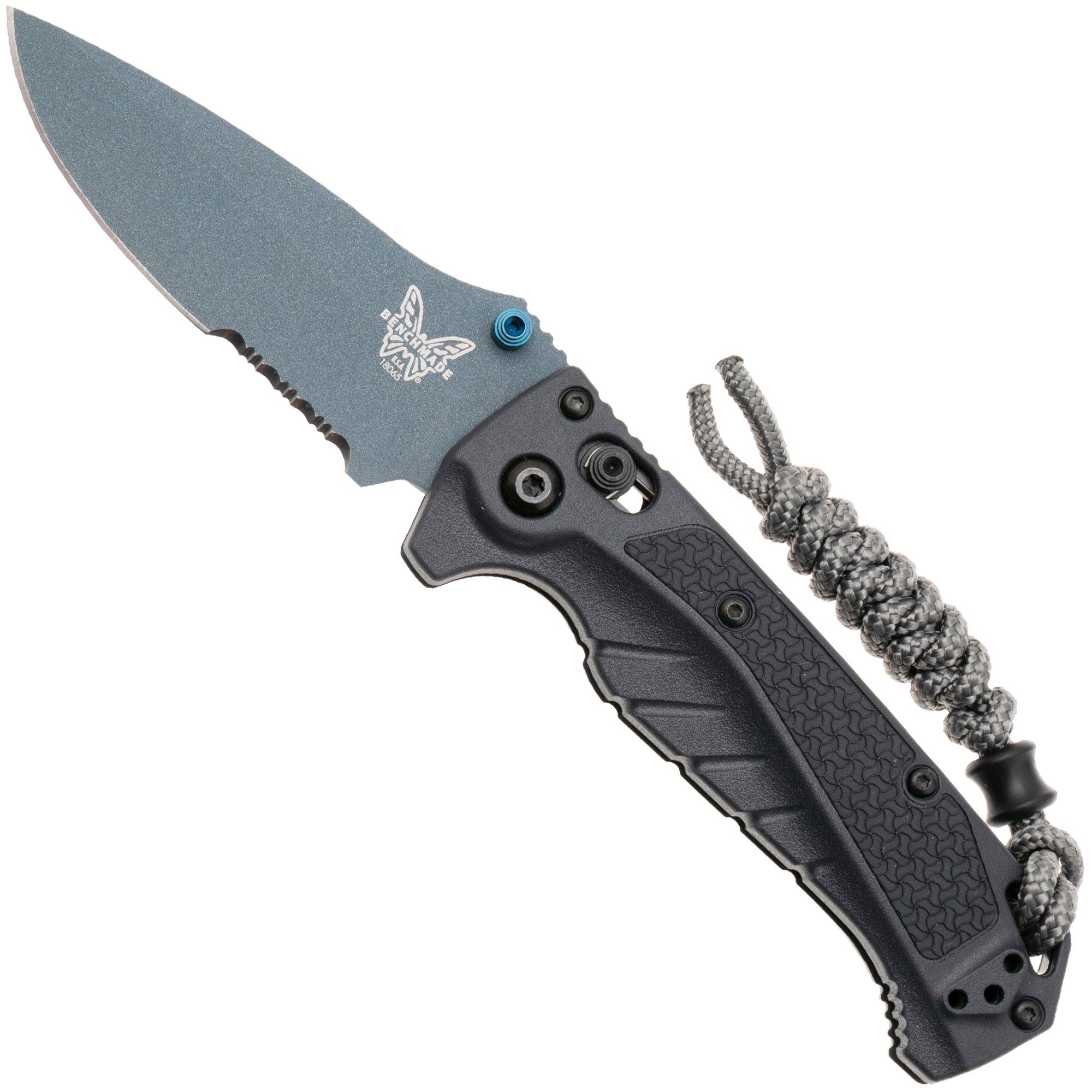 Benchmade Mini Adira 18065SBT-01 Blue Titanium Cerakote CPM MagnaCut, Tempest Gray Grivory, Serrated zakmes
