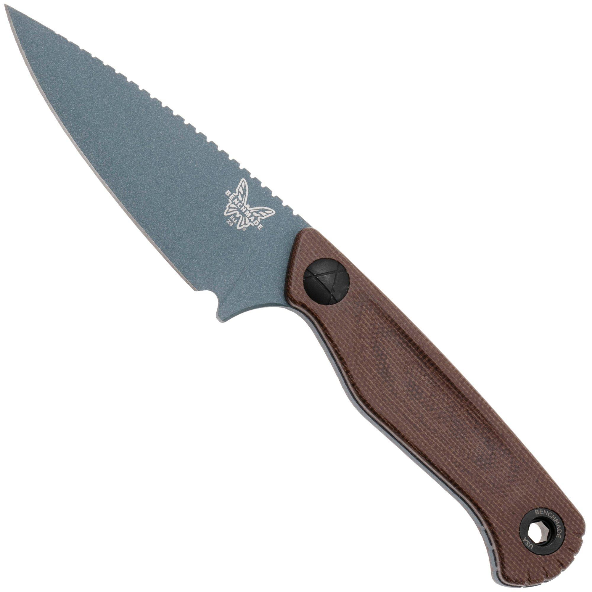 Benchmade Dacian 203BT-03 Blue Cerakote CPM MagnaCut, Brown Canvas Micarta Fahrtenmesser, Kydexscheide mit Leder