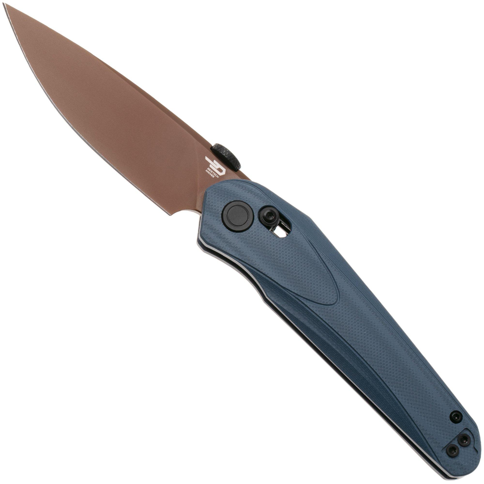 Bestech Mothus BG67F Gold PVD 14C28N, Dark Blue G10, zakmes, Kombou design